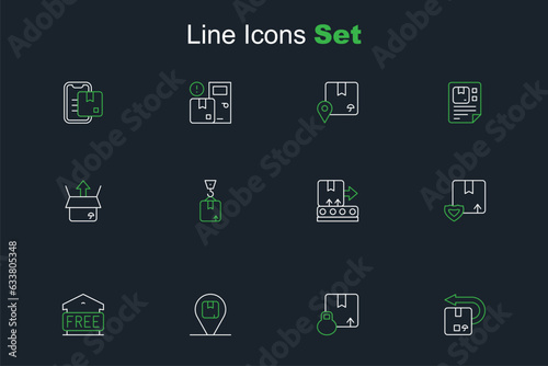 Set line Return cardboard box, Carton, Location with, Free storage, Delivery security shield, Conveyor belt, Crane and Unboxing icon. Vector © Iryna
