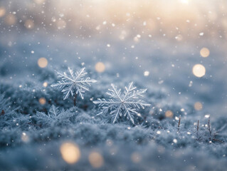 snowflake ice crystals snow falling on frozen ground and plants on a cold winter night