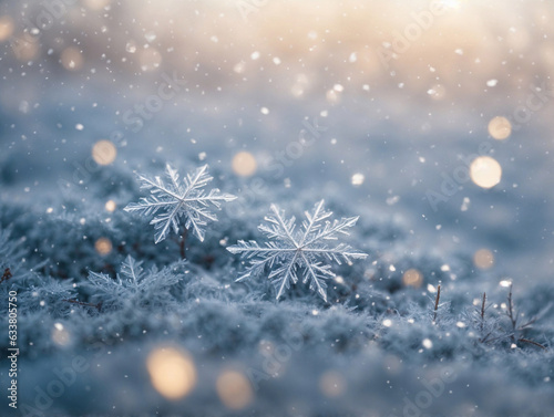 Fotografia snowflake ice crystals snow falling on frozen ground and plants on a cold winter