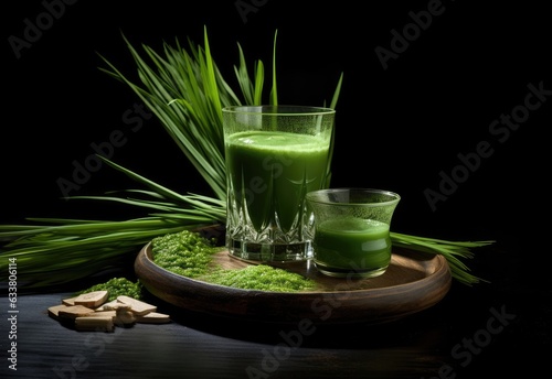 Two glasses wheatgrass juice, small glass and large glass with fresh wheat grass, on black background photo