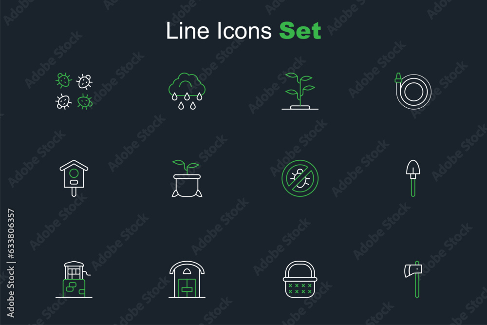 Set line Wooden axe, Wicker basket, Farm house, Well, Shovel, Stop colorado beetle, Plant in pot and Bird icon. Vector Set line Wooden axe, Wicker basket, Farm house, Well, Shovel, Stop colorado beetle, Plant in pot and Bird icon. Vector