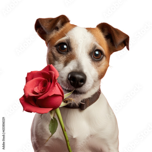 A Jack Russell Terrier is seen alone on a transparent background holding a red rose for Valentine s Day photo