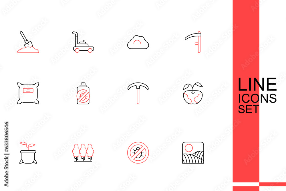 Set line Agriculture wheat field farm, Stop colorado beetle, Fruit trees, Plant in pot, Apple, Pickaxe, Spray against insects and Pack full of seeds icon. Vector Set line Agriculture wheat field farm, Stop colorado beetle, Fruit trees, Plant in pot, Apple, Pickaxe, Spray against insects and Pack full of seeds icon. Vector