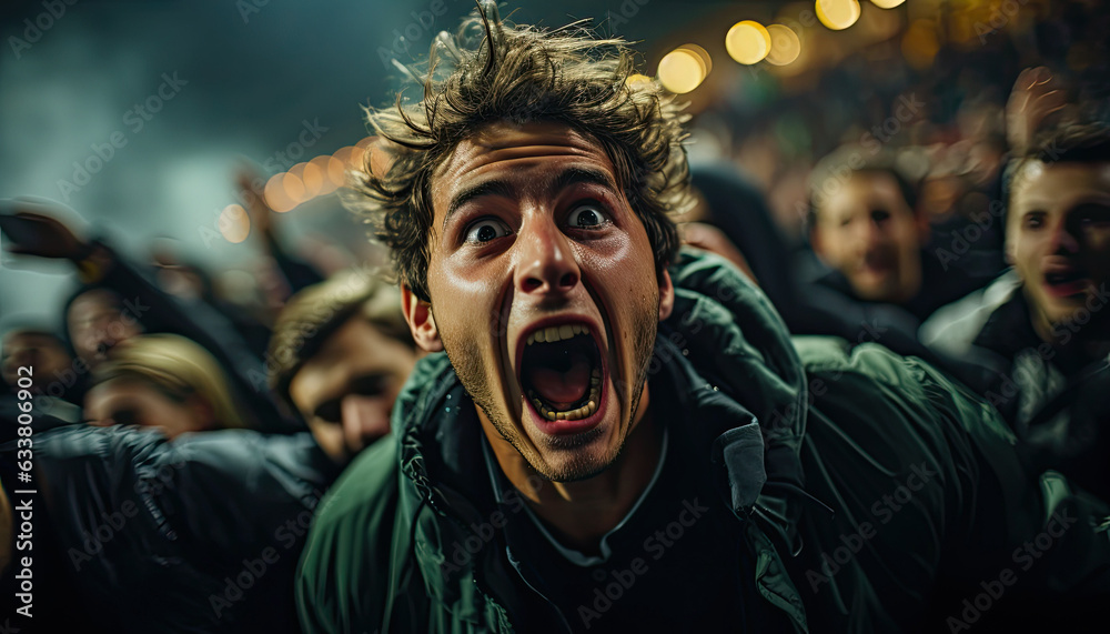 Fototapeta premium facial expression while cheering on important football matches in a large and famous football stadium.generative ai