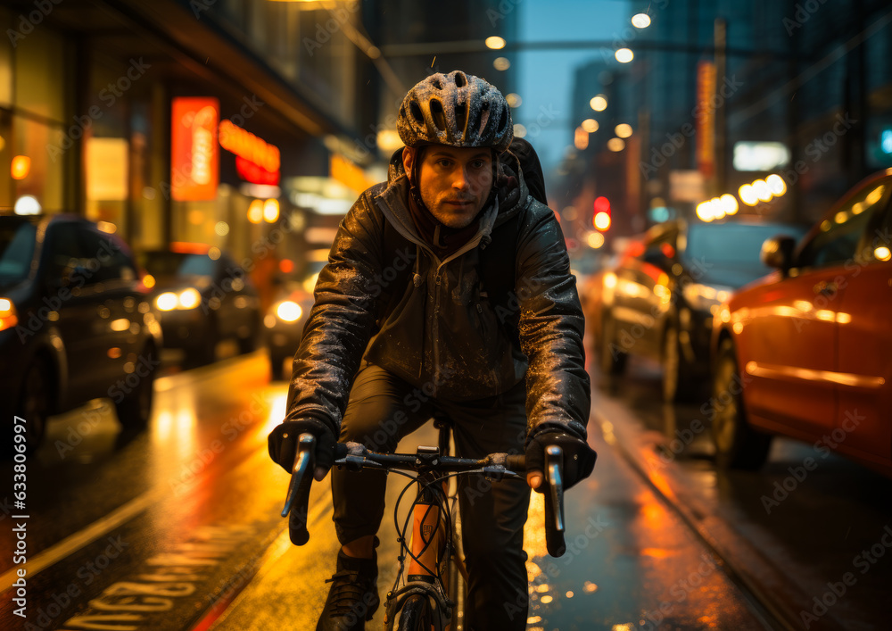 Handsome man wearing helmet and warm jacket covered with some snow riding a bike. Cyclist on a bicycle in the street at night. Blurred backdrop. Handsome man wearing helmet and warm jacket covered with some snow riding a bike. Cyclist on a bicycle in the street at night. Blurred backdrop.