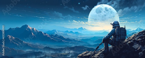 Leinwand Poster Astronomer Gazing Up at the Sky and Moon.