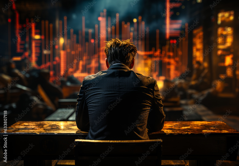 Rear view of a man in suit sitting at the desk. Blurred cityscape at night at backdrop.