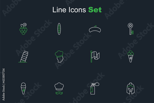 Set line Roman army helmet, Perfume, Italian cook, Ice cream in waffle, Flag Italy, and Leaning tower Pisa icon. Vector