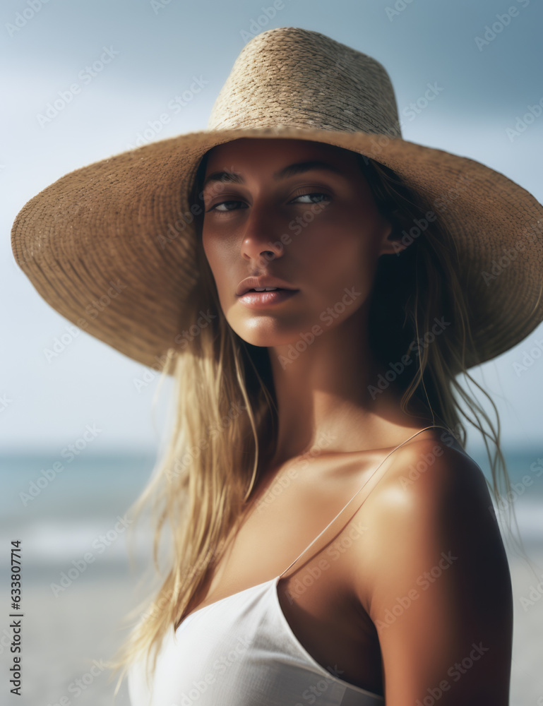 Vertical shot of an attractive woman at the beach wearing a hat and looking at the camera. Generative AI.