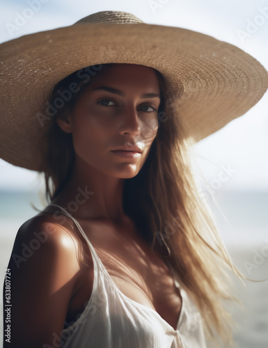Vertical shot of an attractive woman at the beach wearing a hat and looking at the camera. 
