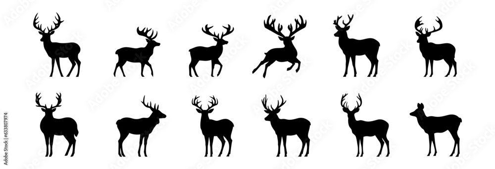 Collection of black deer icons.Logo of deer.Deer simple icon.Reindeer vector symbols.Set of deers.