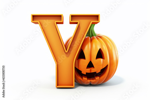 Orange colored Halloween alphabet, pumpkin letter Y isolated on white background, creative autumn font design for poster, banner, greeting card. Generative AI. 