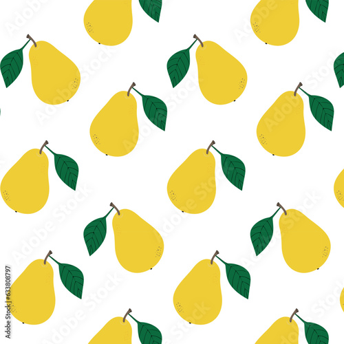 Seamless bright pattern with fresh pears for fabric, drawing labels, kitchen fabrics. Vector illustration.