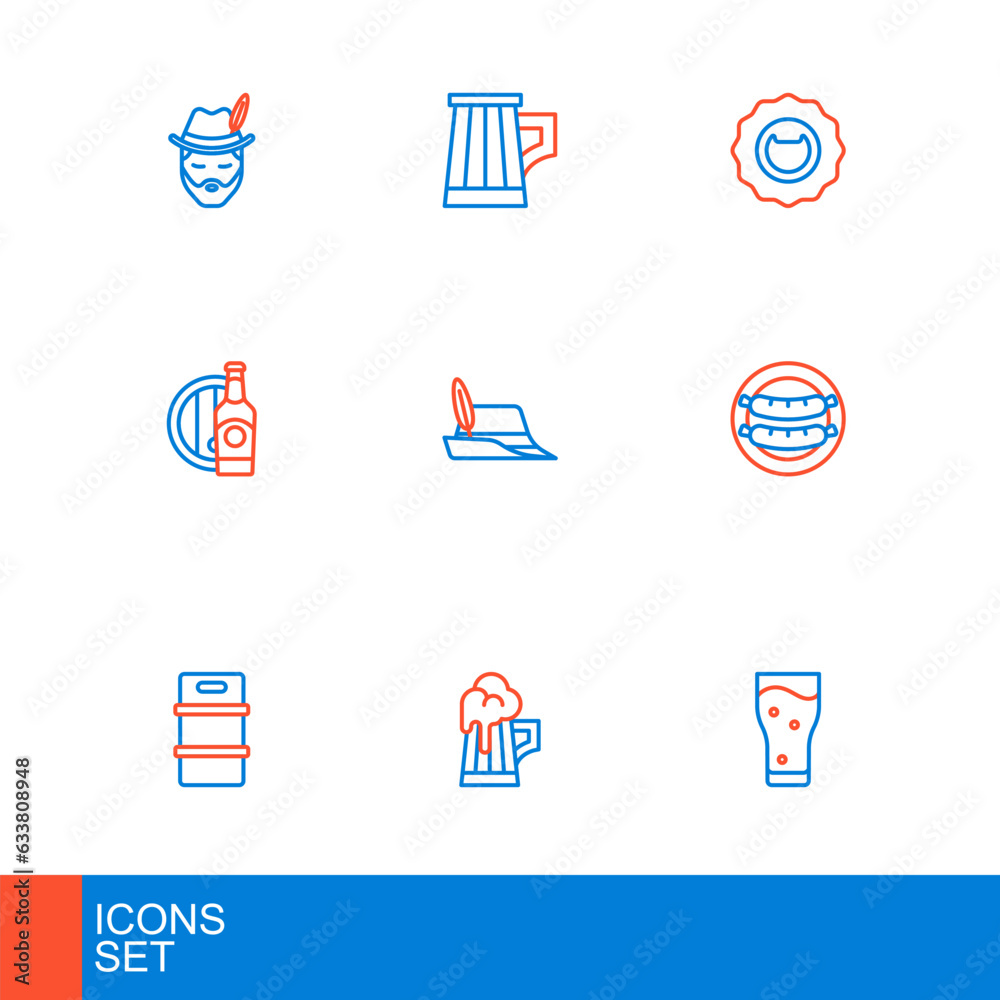 Set line Glass of beer, Wooden mug, Metal keg, Sausage, Beer bottle and wooden barrel, Oktoberfest hat, Bottle opener and icon. Vector Set line Glass of beer, Wooden mug, Metal keg, Sausage, Beer bottle and wooden barrel, Oktoberfest hat, Bottle opener and icon. Vector