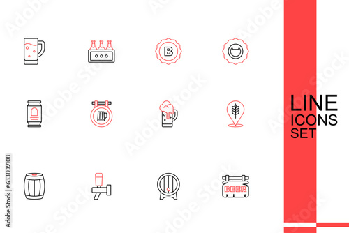 Set line Street signboard with Beer, Wooden barrel on rack, tap, Wheat, Glass of beer, and can icon. Vector