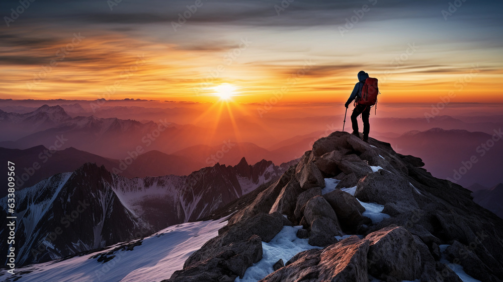 Mountain climber reaching the summit against the backdrop of a breathtaking sunrise, sweeping view of the mountain range in the background