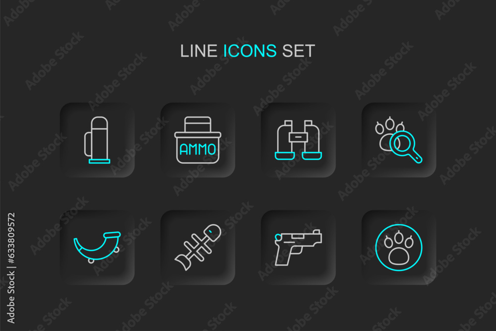 Set line Paw search, Pistol or gun, Dead fish, Hunting horn, Binoculars, Ammunition box and Thermos container icon. Vector
