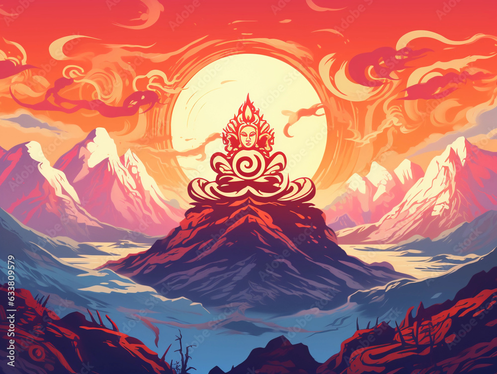 symbol glowing against the backdrop of a serene Himalayan peak, spiritual vibrance, the interplay of warm and cool colors