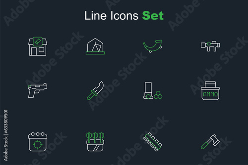Set line Wooden axe, Hunting cartridge belt, Quiver with arrows, Target sport, Ammunition box, Cartridges, Hunter knife and Pistol gun icon. Vector