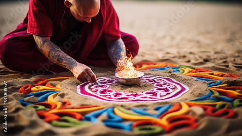 sand painting, creating by a monk, intense focus, vibrant colored sands, shallow depth of field