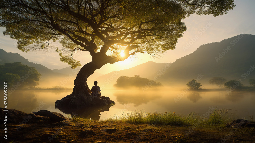 Serene landscape at sunrise, a meditator sitting cross - legged under a sprawling bodhi tree, dappled sunlight, tranquil pond nearby, dew glistening on the grass, misty mountains backdrop - obrazy, fototapety, plakaty 