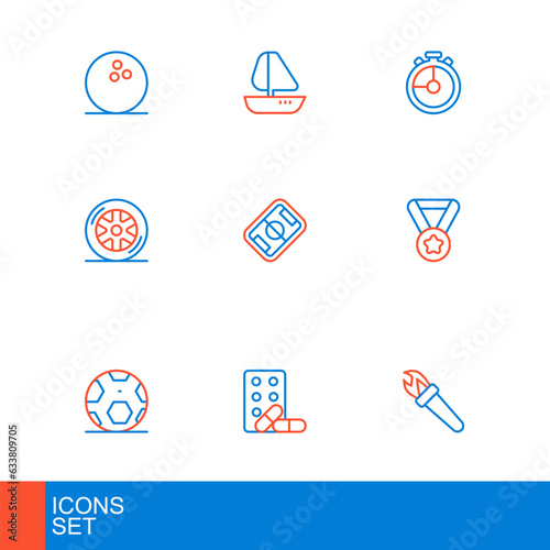 Set line Torch flame, Sports doping with dumbbell, Soccer football ball, Medal, Car wheel, Football field, Stopwatch and Yacht sailboat icon. Vector