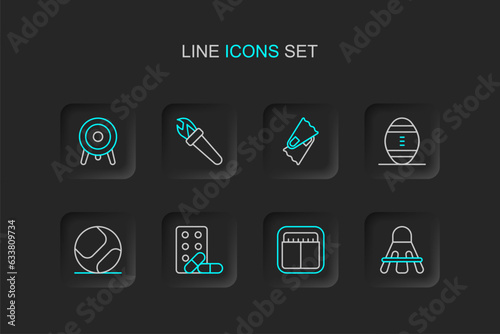 Set line Badminton shuttlecock, Sport mechanical scoreboard, Sports doping with dumbbell, Baseball ball, American Football, Flippers for swimming, Torch flame and Target sport icon. Vector