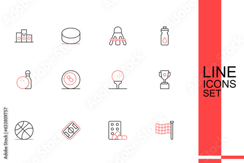 Set line Checkered flag, Sports doping with dumbbell, Football field, Basketball, Award cup, Golf on tee, Billiard pool snooker and Bowling and icon. Vector