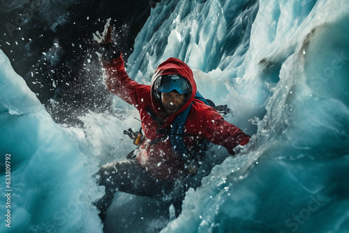 an ice climber, brightly lit against a dark, icy blue glacier, red jacket popping in contrast