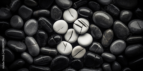 polished black and white stones, bamboo backdrop, ambient light, high contrast