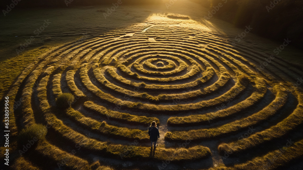 labyrinth in grass, spiritual path symbol, golden sunset light, lonely figure walking the path