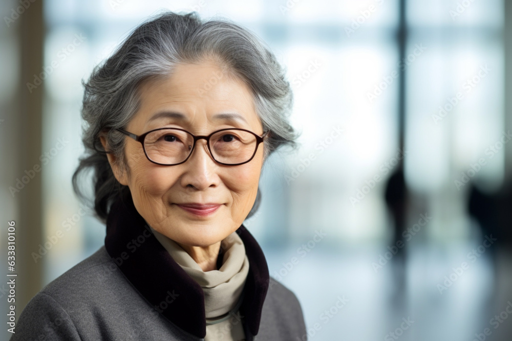 Portrait Asian older woman with glasses, smiling business woman with hair in the office. Portrait Asian older woman with glasses, smiling business woman with hair in the office.