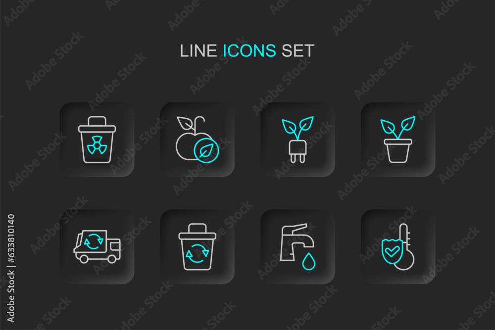Set line Thermometer, Water tap, Recycle bin, Garbage truck, Plant pot, Electric saving plug leaf, Apple and Infectious waste icon. Vector Set line Thermometer, Water tap, Recycle bin, Garbage truck, Plant pot, Electric saving plug leaf, Apple and Infectious waste icon. Vector