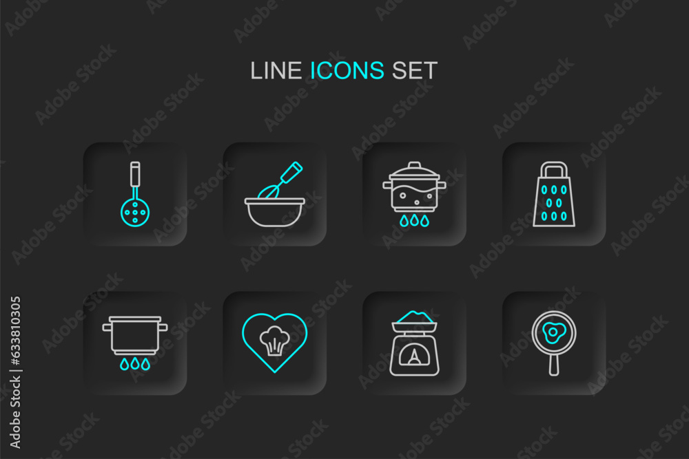 Fototapeta premium Set line Fried eggs on frying pan, Scales, Chef hat, Cooking pot fire, Grater, whisk with bowl and Spatula icon. Vector