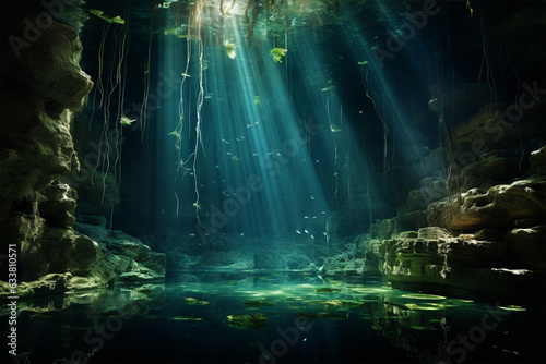 Underwater landscape of mexican cenotes diving rays of light