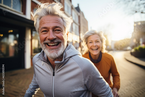 Active sporty middle aged couple running in the city, happy man and woman jogging together outdoors, having workout. 