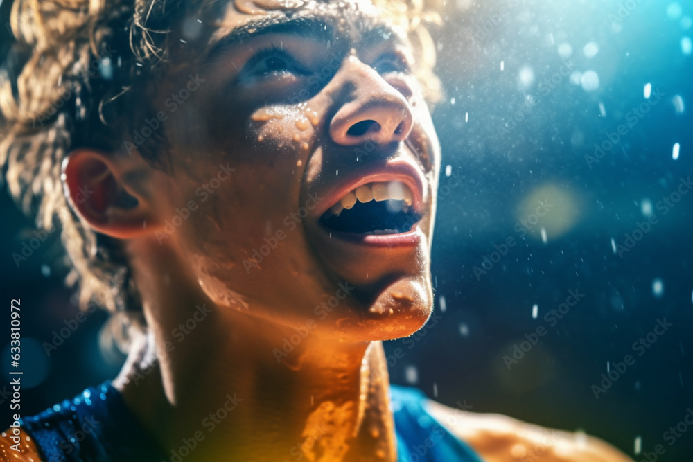 Portrait of champion athlete on stadium , emotions of a winner, joy, delight, emotional, rain, splash drops