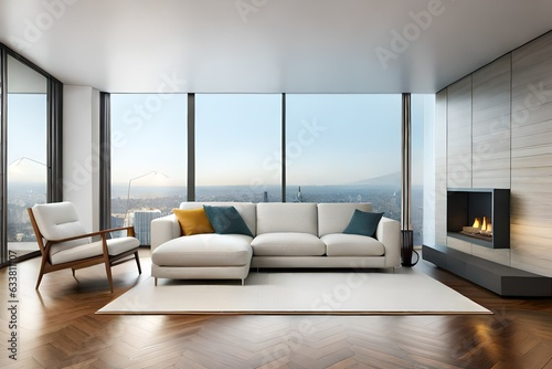 Minimalist Living Room  Clean white walls and a sleek  low-profile sofa create an uncluttered look. A single piece of abstract art and a minimalist floor lamp add interest
