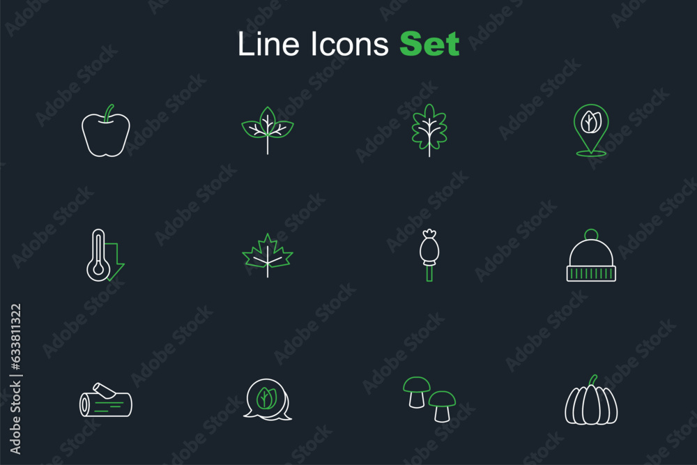 Set line Pumpkin, Mushroom, Leaf, Wooden log, Winter hat, Opium poppy, Canadian maple leaf and Thermometer icon. Vector Set line Pumpkin, Mushroom, Leaf, Wooden log, Winter hat, Opium poppy, Canadian maple leaf and Thermometer icon. Vector