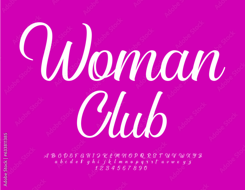 Vector elite Logo Women Club. Cursive white Font. Set of stylish Alphabet Letters and Numbers