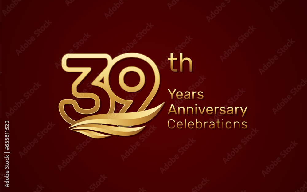 39th anniversary logo design with double line number style and golden wings, vector template