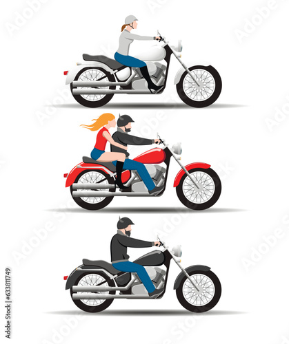 set of vector images of drivers and passengers of a classic motorcycle in various colors. Vector.