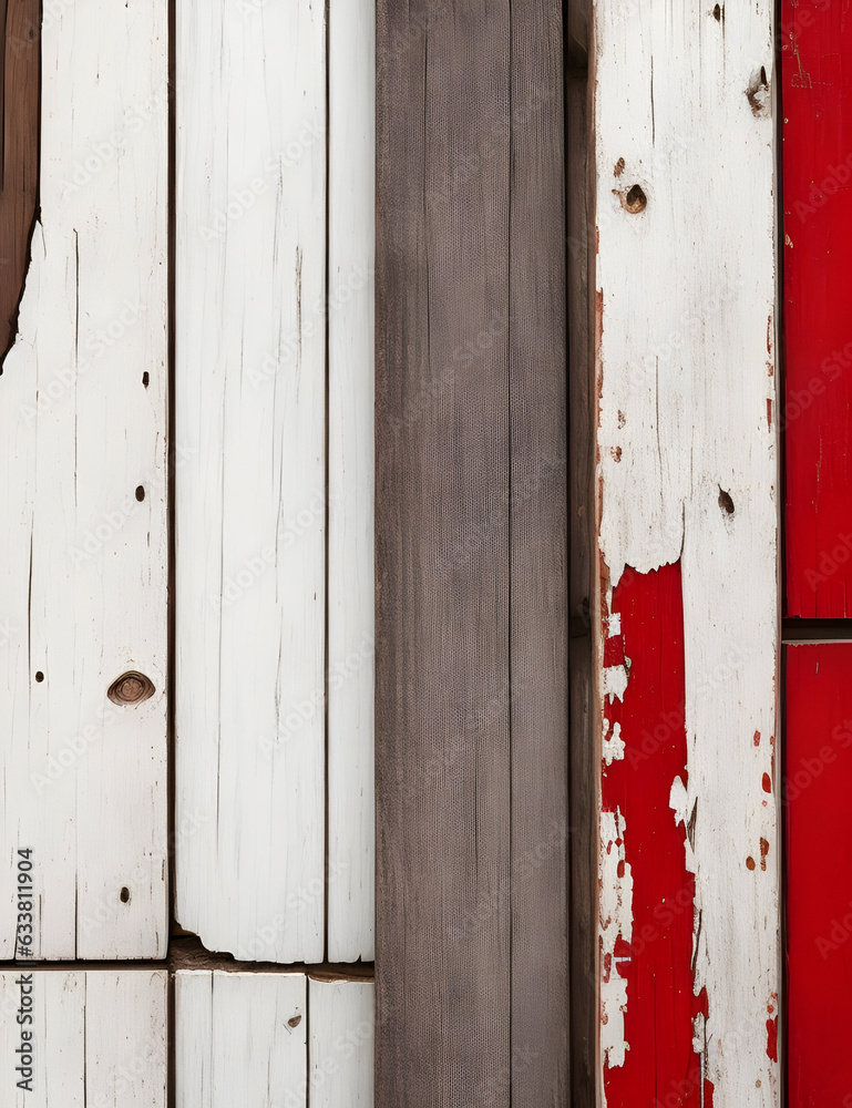 Texture of vintage wood boards with cracked parts white and red