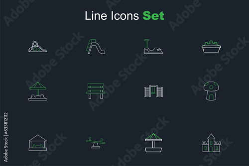 Set line Sand castle, Sandbox with sand, Seesaw, Mushroom house, Swedish wall, Bench and icon. Vector