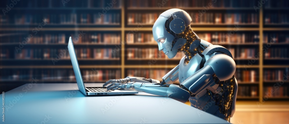ai robot typing on laptop in library, learning and technology knowledge ...