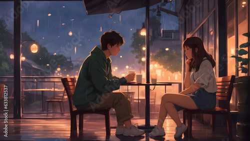 Lofi girl and boy dating both are happy. lofi manga anime style. Generative AI 