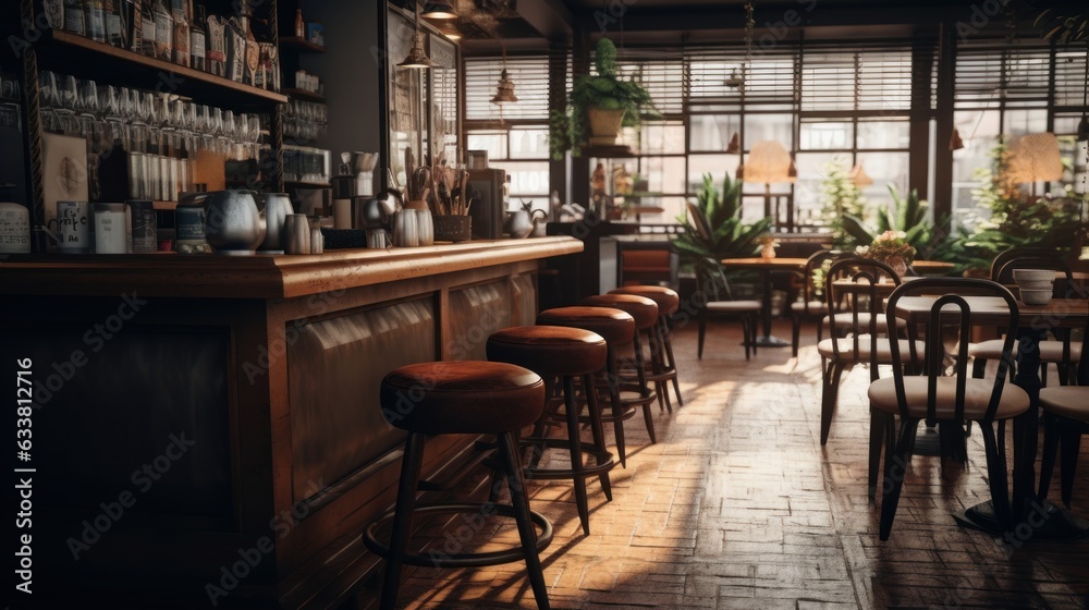 a photo of a interior of a luxury cafe pub restaurant bar with chairs and tables. modern vintage design with windows and green nature outside. Generative AI