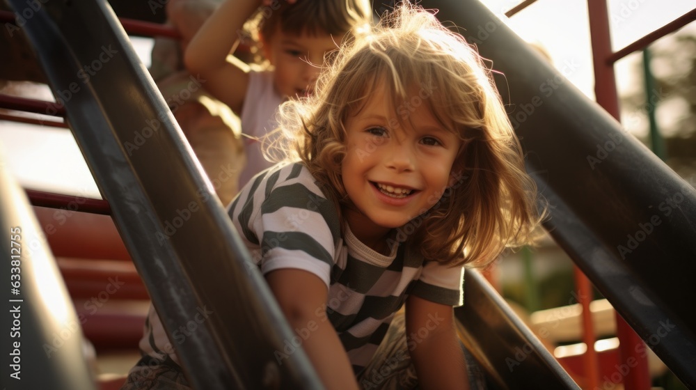 a candid photo of cute kids children playing on the playground. sliding down a slide and having fun. riding on carousel outside. Generative AI a candid photo of cute kids children playing on the playground. sliding down a slide and having fun. riding on carousel outside. Generative AI