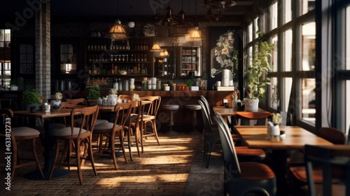 a photo of a interior of a luxury cafe pub restaurant bar with chairs and tables. modern vintage design with windows and green nature outside. Generative AI photo