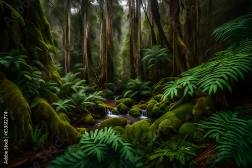 Amidst a verdant expanse  capture the intricate dance of sunlight filtering through the lush fern canopy in a secluded forest grove.